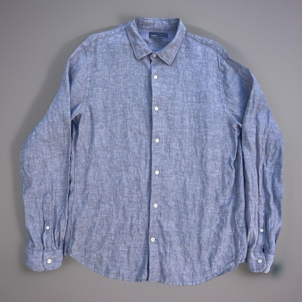 Vince Men’s 100% Linen Long Sleeve Button Up Shirt Solid Gray Classic Fit Large